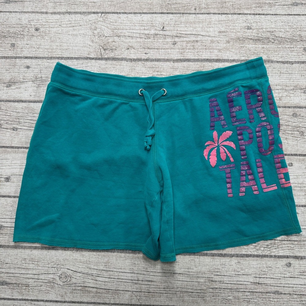Aeropostale Sweat Shorts Women's Large Teal Green Graphic Fleece Lined Lounge